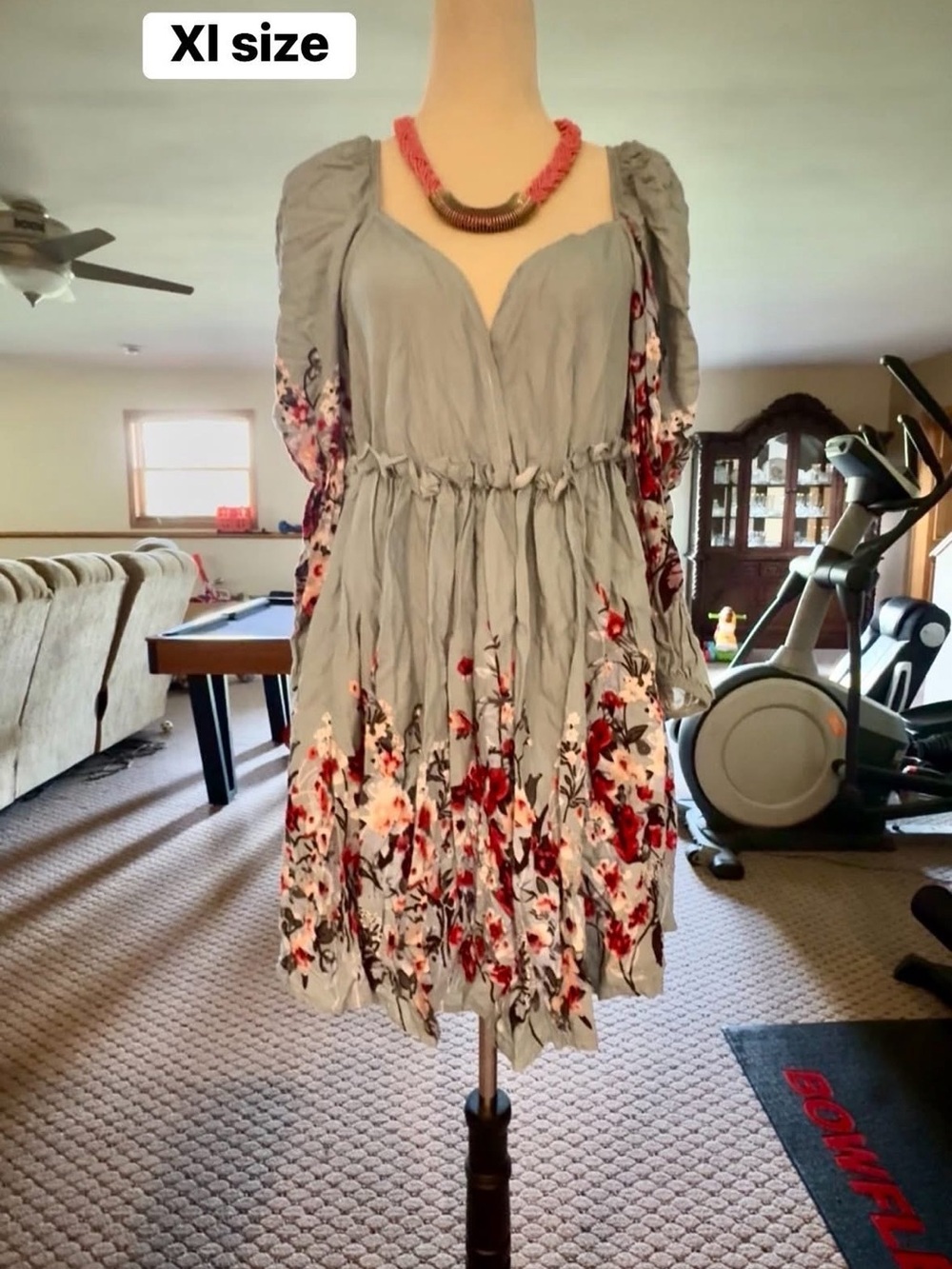 Gray Floral Scoop-Neck Mini Dress with Drawstring Waist